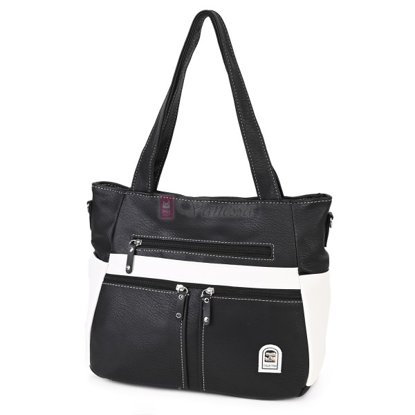Дамска чанта от висококачествена еко кожа в черен цвят с бели акценти Код: 15182