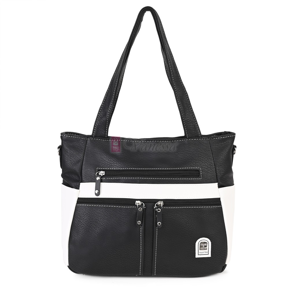 Дамска чанта от висококачествена еко кожа в черен цвят с бели акценти Код: 15182