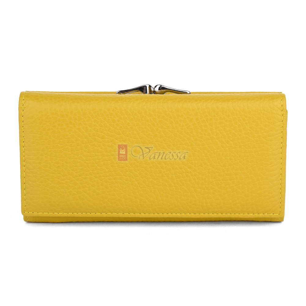 Голямо дамско портмоне от естествена кожа в жълт цвят. КОД: 1519