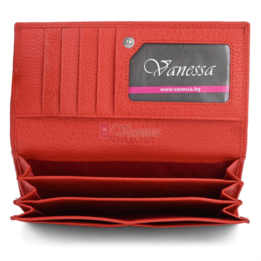 Голямо дамско портмоне от естествена кожа в яркочервен цвят. КОД: 1519