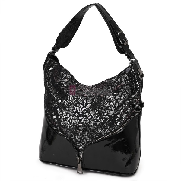  Дамска чанта от висококачествена, лачена еко кожа, в черен цвят. Код: 1568-1