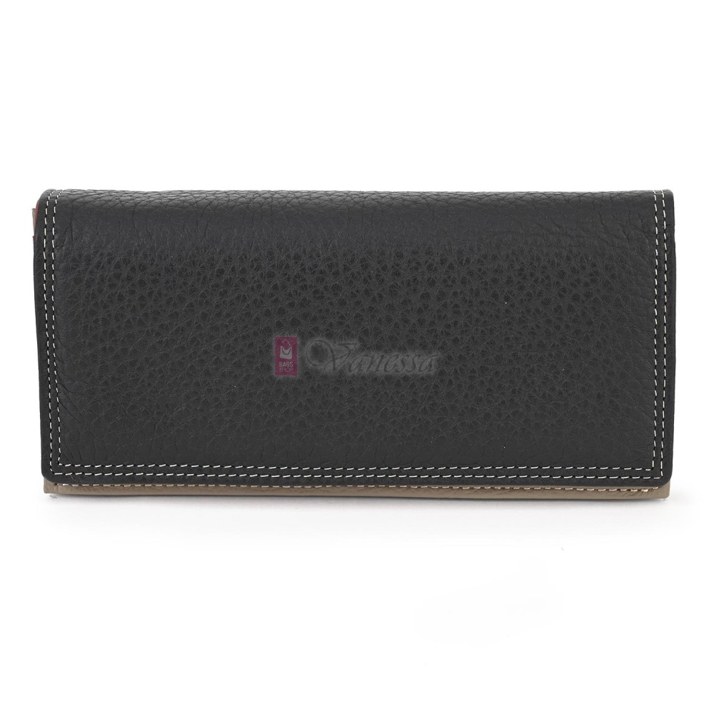 Голямо дамско портмоне от естествена кожа в черен/тъмнокафяв цвят. КОД: 1652