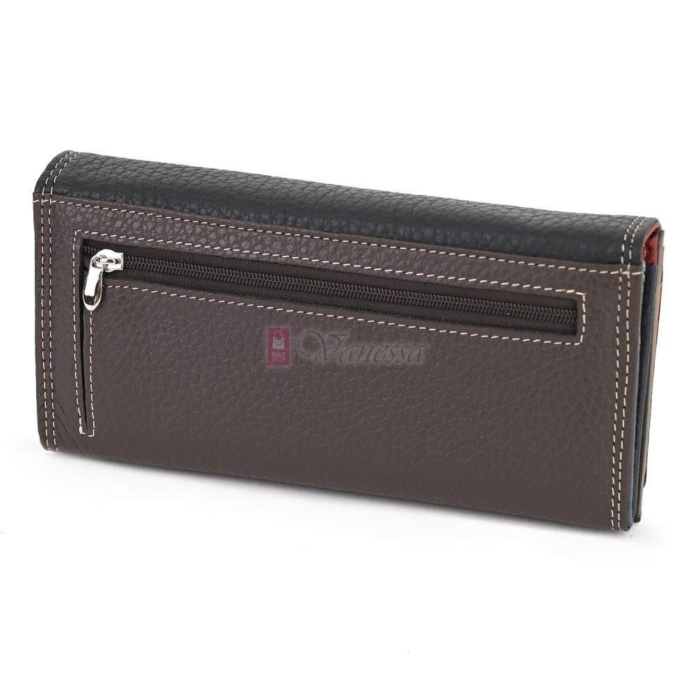 Голямо дамско портмоне от естествена кожа в черен/тъмнокафяв цвят. КОД: 1652