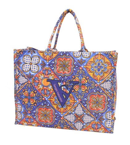 Голяма плажна чанта от текстил, в син цвят с принт на цветя .  Код: 447680