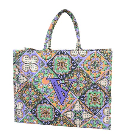 Голяма плажна чанта от текстил, в лилав цвят с принт на цветя .  Код: 447680