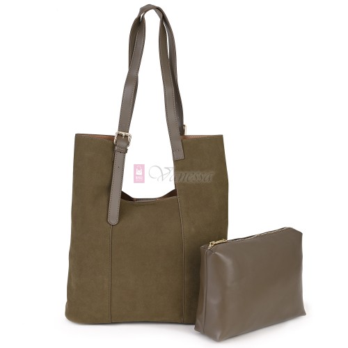 Двулицева дамска чанта от висококачествена еко кожа в тъмнобежов цвят Код: 6065