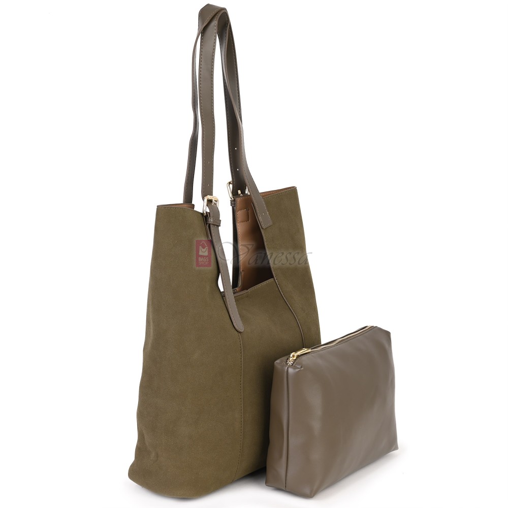 Двулицева дамска чанта от висококачествена еко кожа в тъмнобежов цвят Код: 6065 Двулицева дамска чанта от висококачествена еко кожа в тъмнобежов цвят Код: 6065