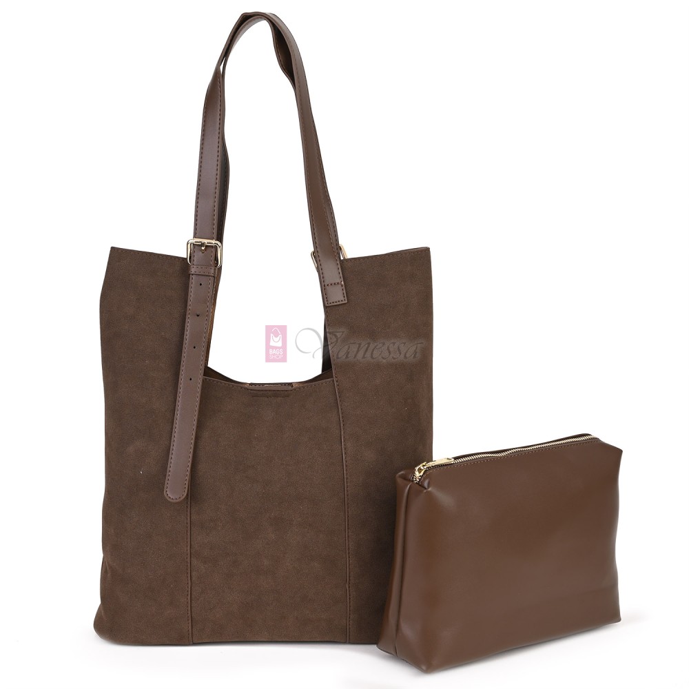 Двулицева дамска чанта от висококачествена еко кожа в тъмнокафяв цвят Код: 6065 Двулицева дамска чанта от висококачествена еко кожа в тъмнокафяв цвят Код: 6065