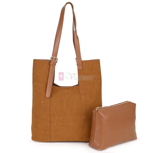 Двулицева дамска чанта от висококачествена еко кожа в светлокафяв цвят Код: 6065