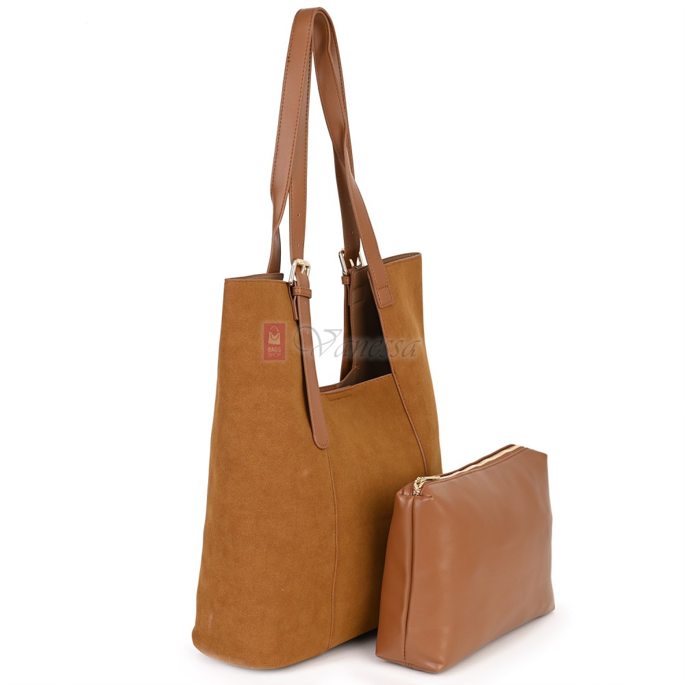 Двулицева дамска чанта от висококачествена еко кожа в светлокафяв цвят Код: 6065 Двулицева дамска чанта от висококачествена еко кожа в светлокафяв цвят Код: 6065