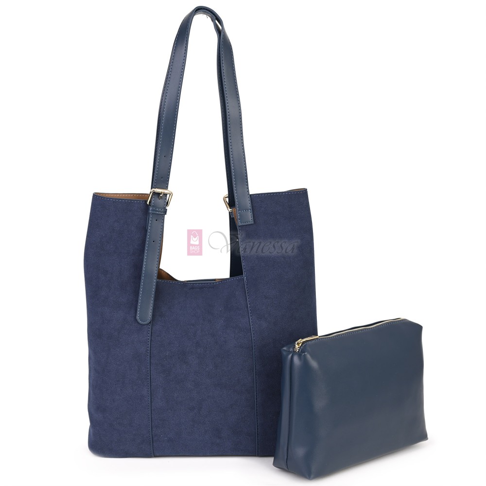 Двулицева дамска чанта от висококачествена еко кожа в тъмносин цвят Код: 6065 Двулицева дамска чанта от висококачествена еко кожа в тъмносин цвят Код: 6065