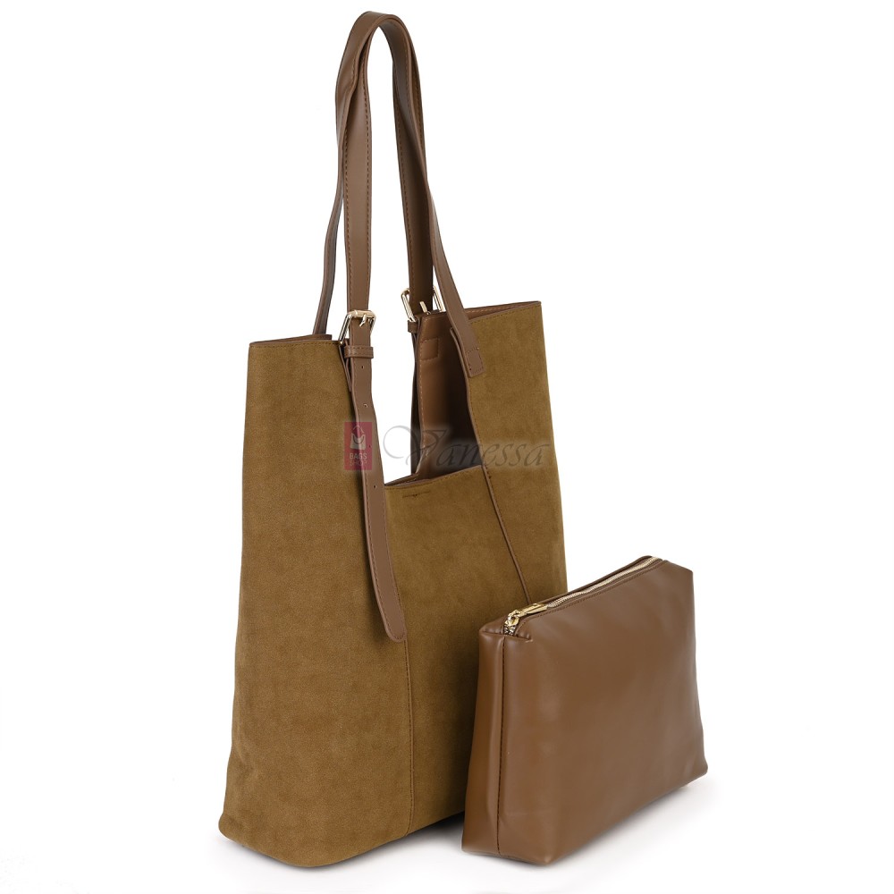 Двулицева дамска чанта от висококачествена еко кожа в кафяв цвят Код: 6065 Двулицева дамска чанта от висококачествена еко кожа в кафяв цвят Код: 6065