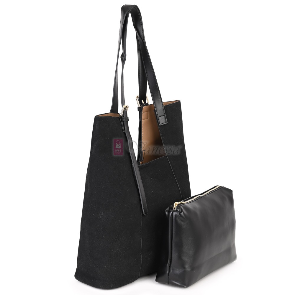 Двулицева дамска чанта от висококачествена еко кожа в черен цвят Код: 6065 Двулицева дамска чанта от висококачествена еко кожа в черен цвят Код: 6065