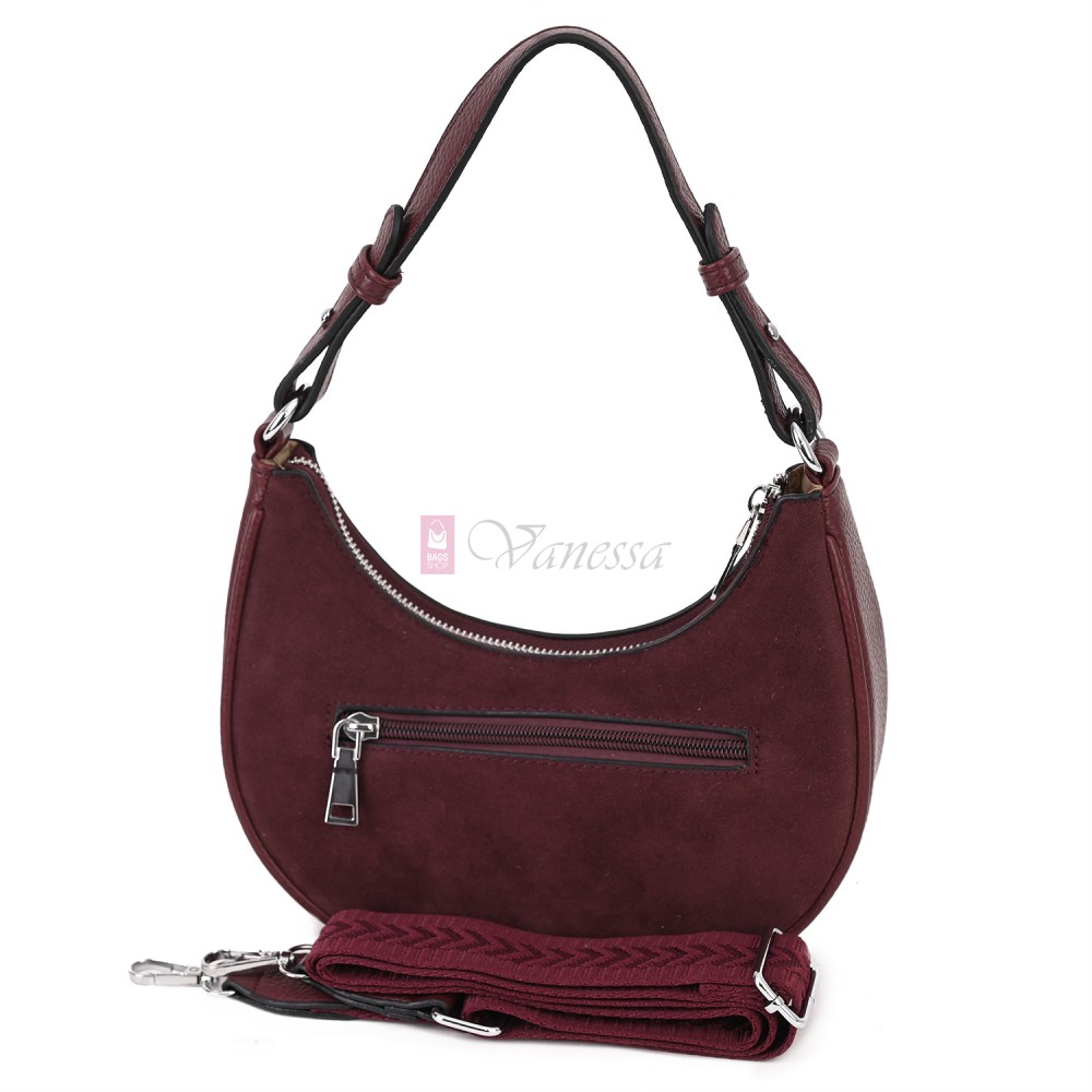 Малка дамска чанта от еко кожа и велур, в цвят бордо. Код: 61095-12