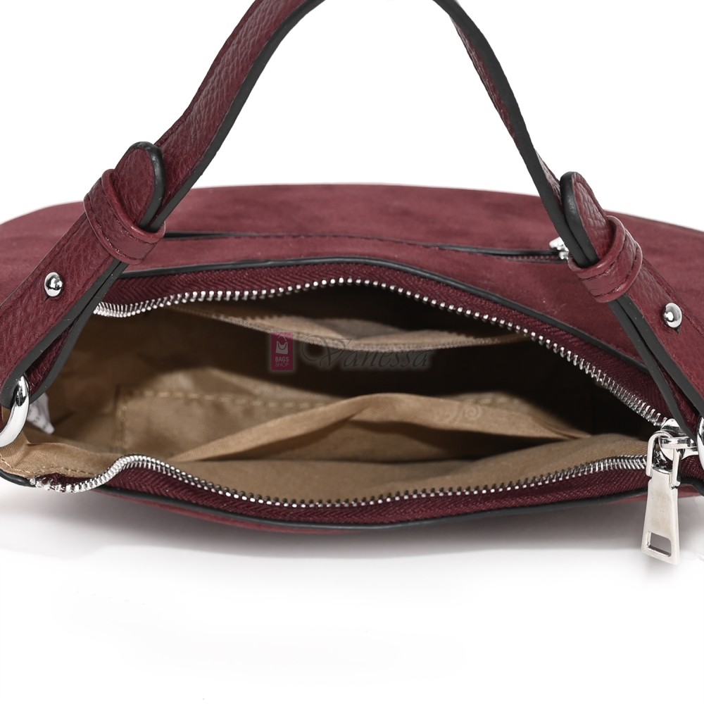 Малка дамска чанта от еко кожа и велур, в цвят бордо. Код: 61095-12