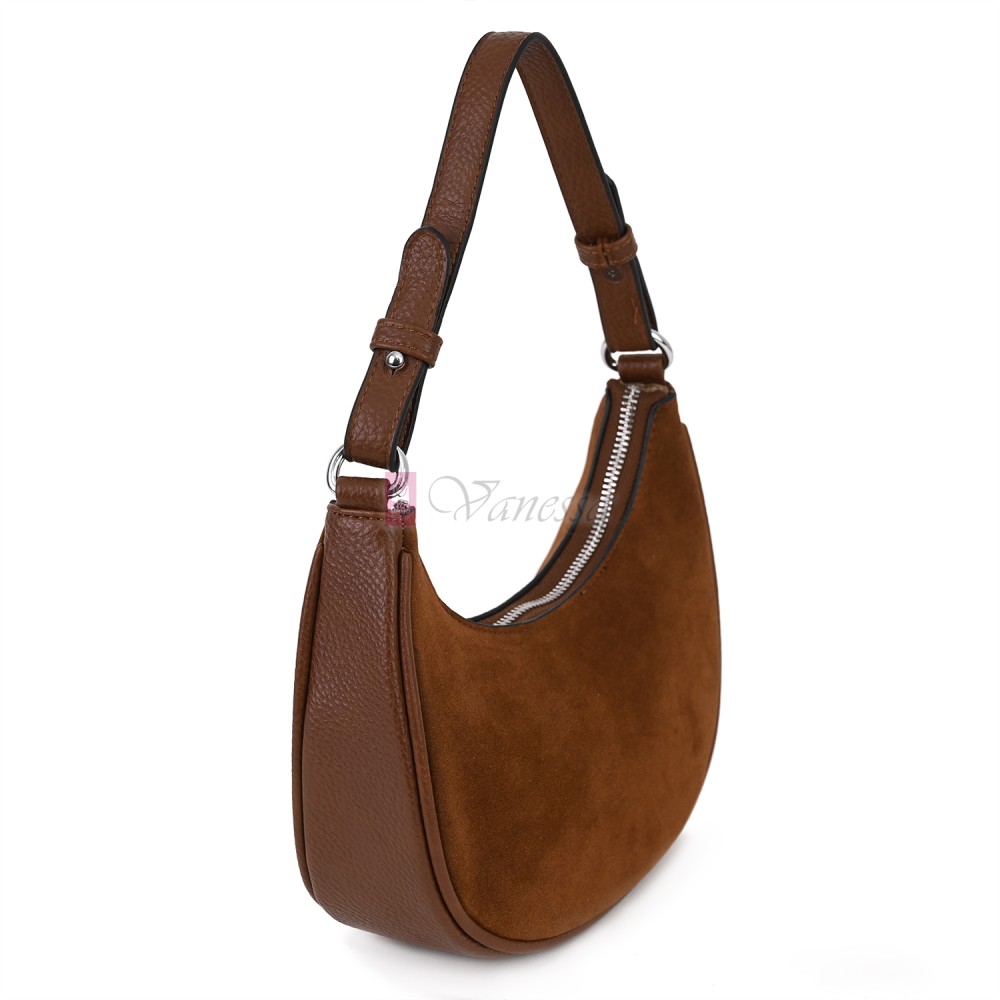 Малка дамска чанта от еко кожа и велур, в кафяв цвят. Код: 61095-12