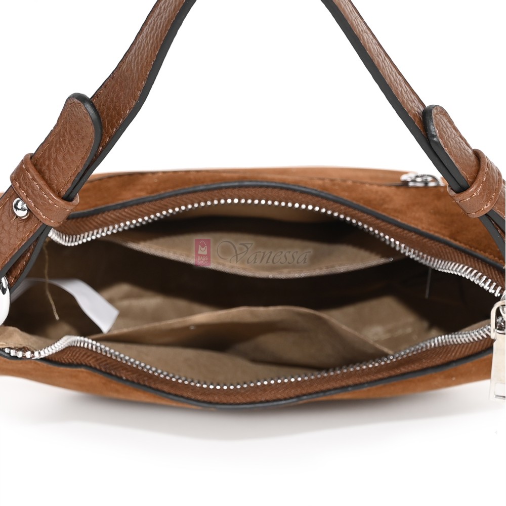 Малка дамска чанта от еко кожа и велур, в кафяв цвят. Код: 61095-12