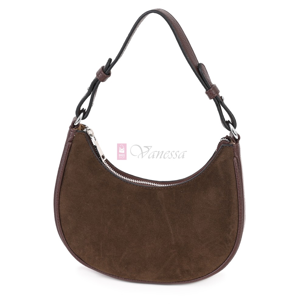 Малка дамска чанта от еко кожа и велур, в тъмнокафяв цвят. Код: 61095-12