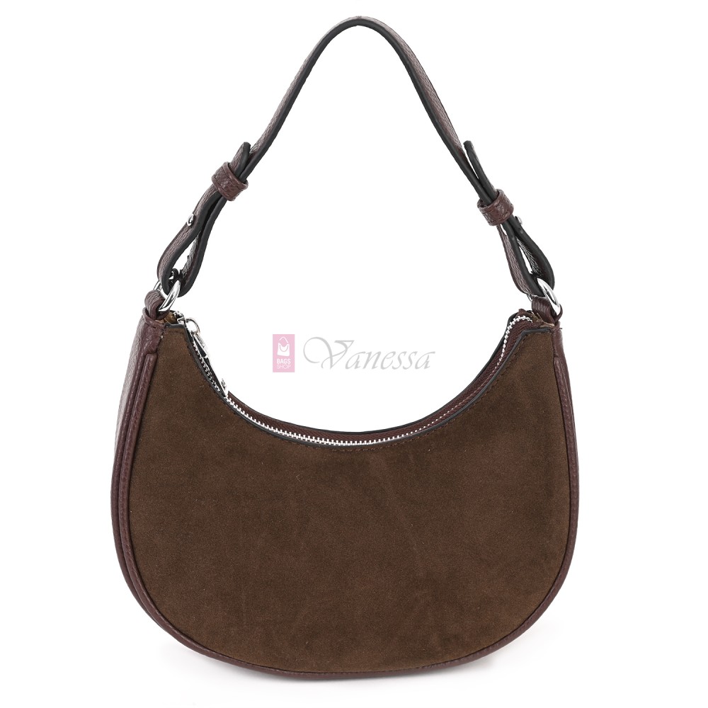 Малка дамска чанта от еко кожа и велур, в тъмнокафяв цвят. Код: 61095-12