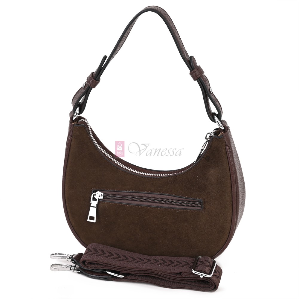 Малка дамска чанта от еко кожа и велур, в тъмнокафяв цвят. Код: 61095-12