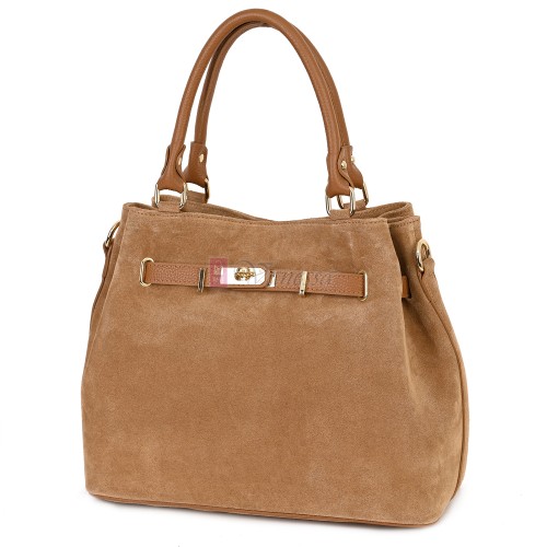 Елегантна дамска чанта, от естествена велурена кожа, в светлокафяв цвят. Код: EK65