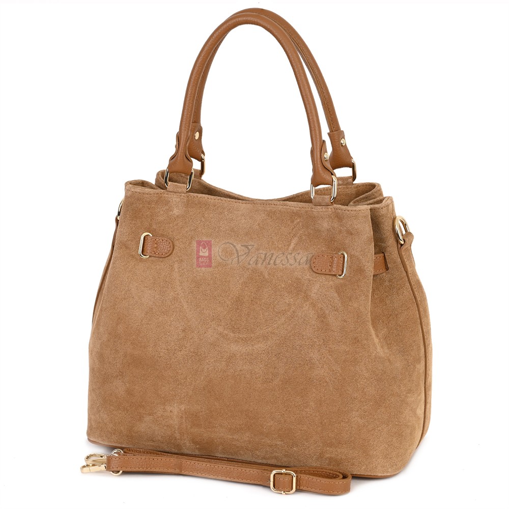 Елегантна дамска чанта, от естествена велурена кожа, в светлокафяв цвят. Код: EK65