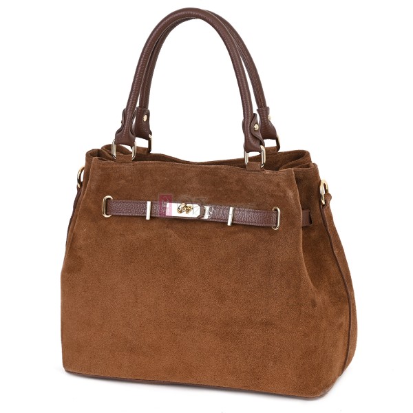 Елегантна дамска чанта, от естествена велурена кожа, в кафяв цвят. Код: EK65