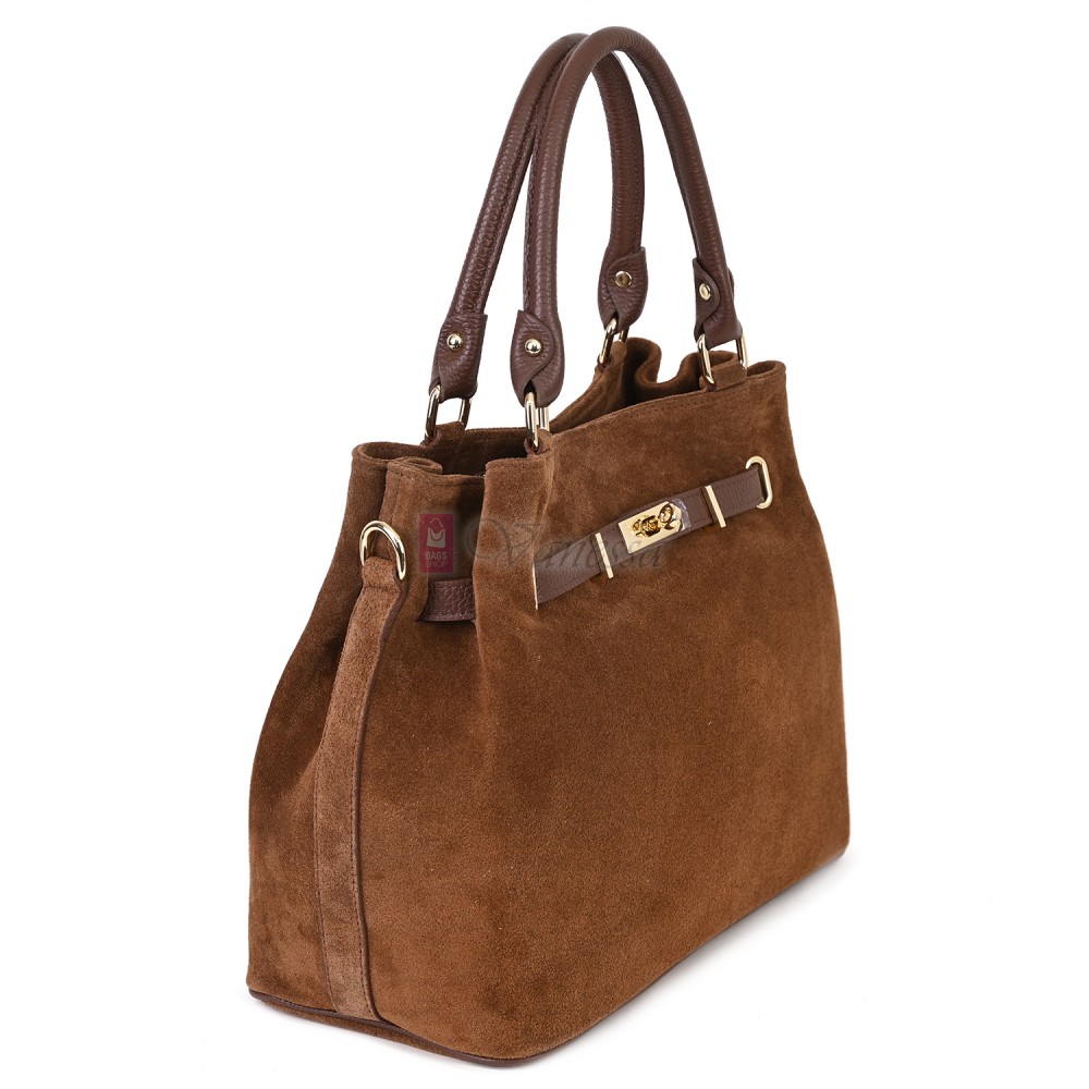 Елегантна дамска чанта, от естествена велурена кожа, в кафяв цвят. Код: EK65