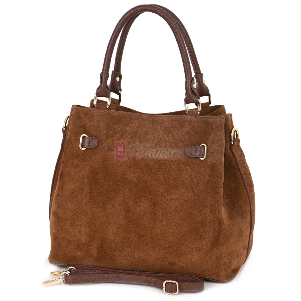 Елегантна дамска чанта, от естествена велурена кожа, в кафяв цвят. Код: EK65