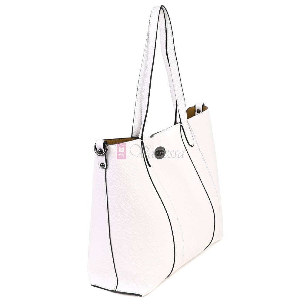 Голяма дамска чанта от естествена кожа в бял цвят. Код: EK67-1