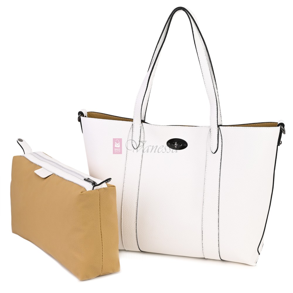 Голяма дамска чанта от естествена кожа в бял цвят. Код: EK67-1