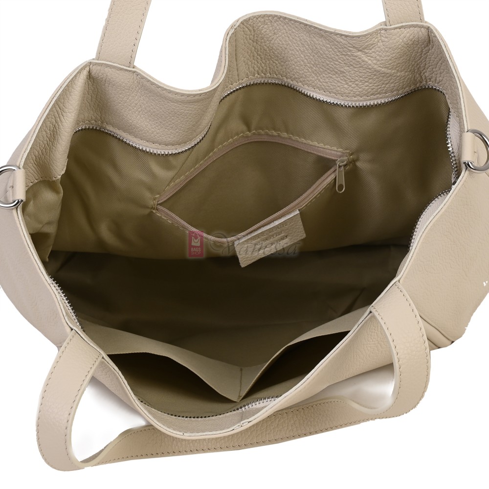 Голяма дамска чанта, от естествена кожа, в бежов цвят. Код: EK68