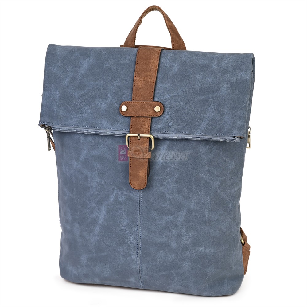 Голяма дамска раница от велур, в син цвят. Код: 90208-9