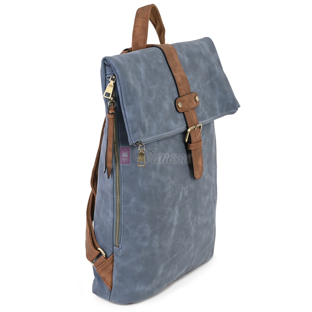 Голяма дамска раница от велур, в син цвят. Код: 90208-9