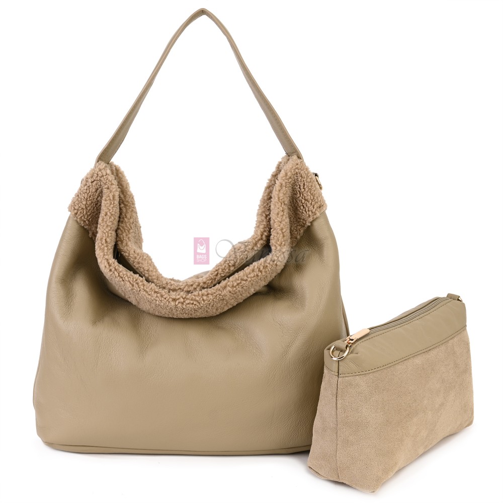 Голяма дамска чанта от еко кожа, в бежов цвят. Код: 965