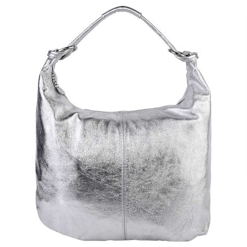 Голяма дамска чанта тип торба от естествена кожа в сребрист цвят. Код: EK119