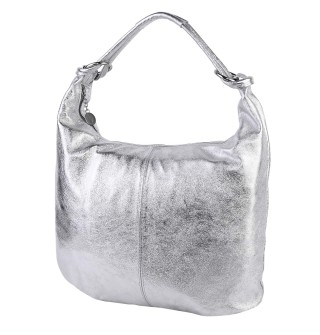 Голяма дамска чанта тип торба от естествена кожа в сребрист цвят. Код: EK119