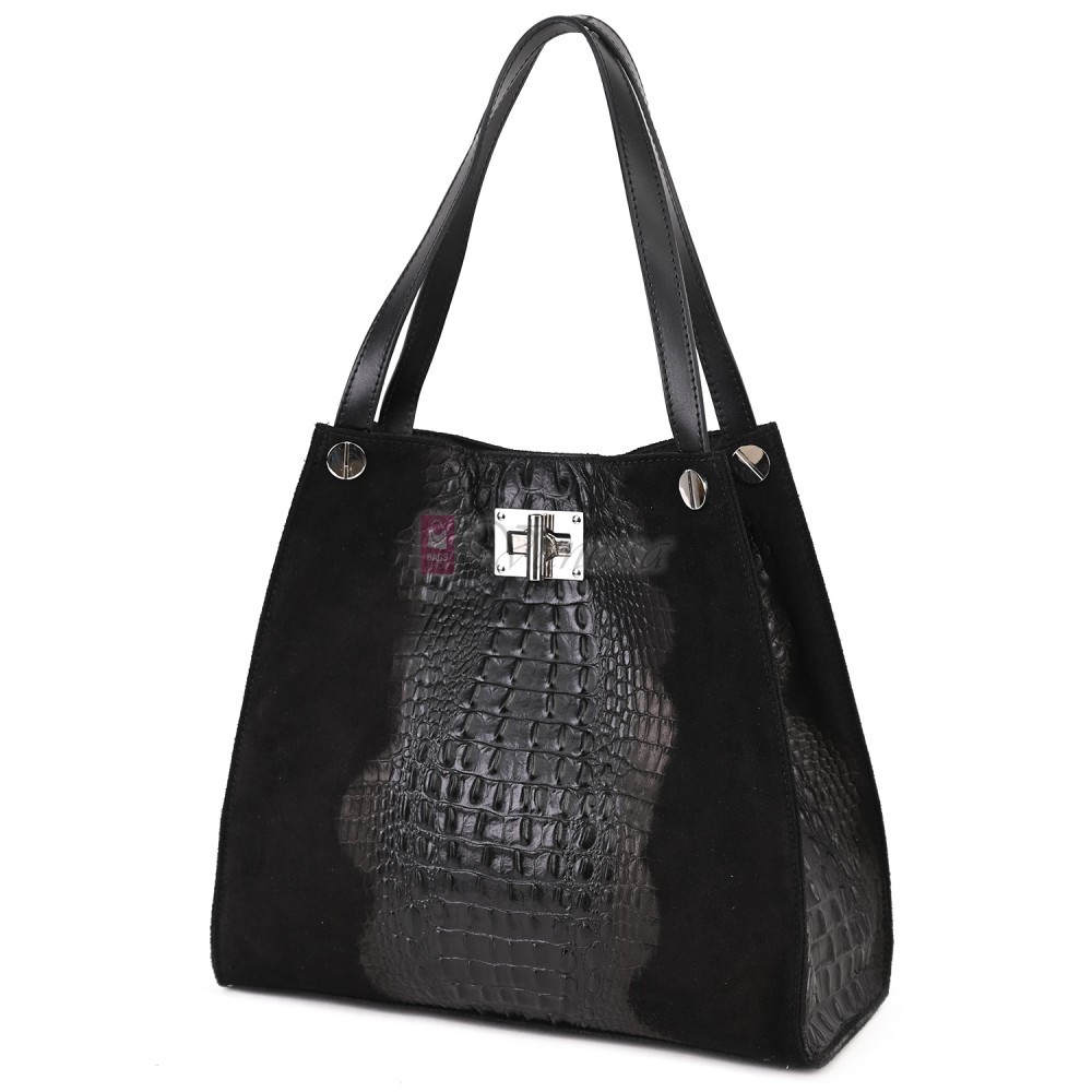 Голяма дамска чанта от естествена кожа и велур, в черен цвят. Код: EK62