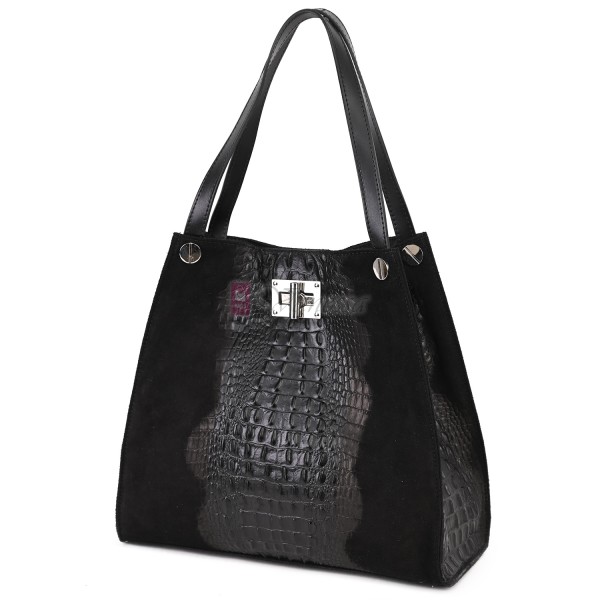 Голяма дамска чанта от естествена кожа и велур, в черен цвят. Код: EK62