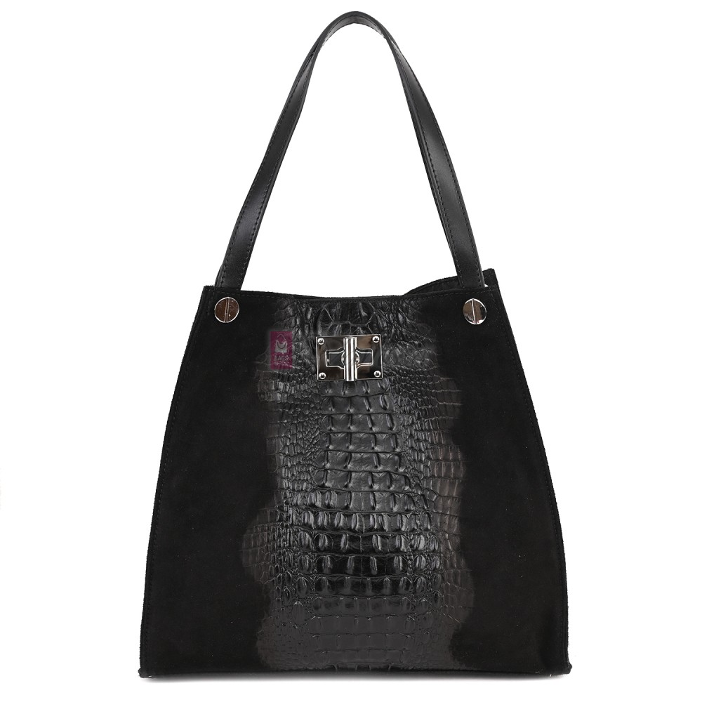 Голяма дамска чанта от естествена кожа и велур, в черен цвят. Код: EK62