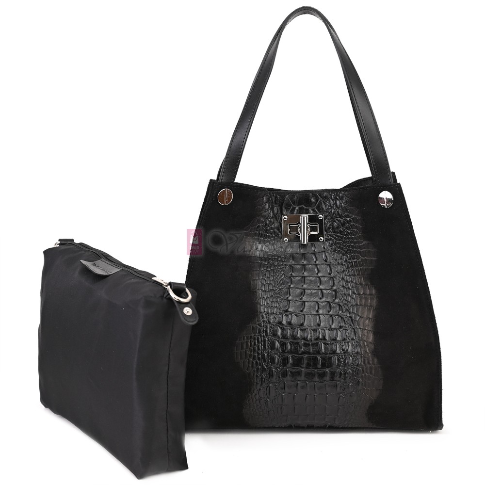 Голяма дамска чанта от естествена кожа и велур, в черен цвят. Код: EK62