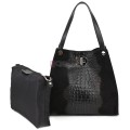 Голяма дамска чанта от естествена кожа и велур, в черен цвят. Код: EK62