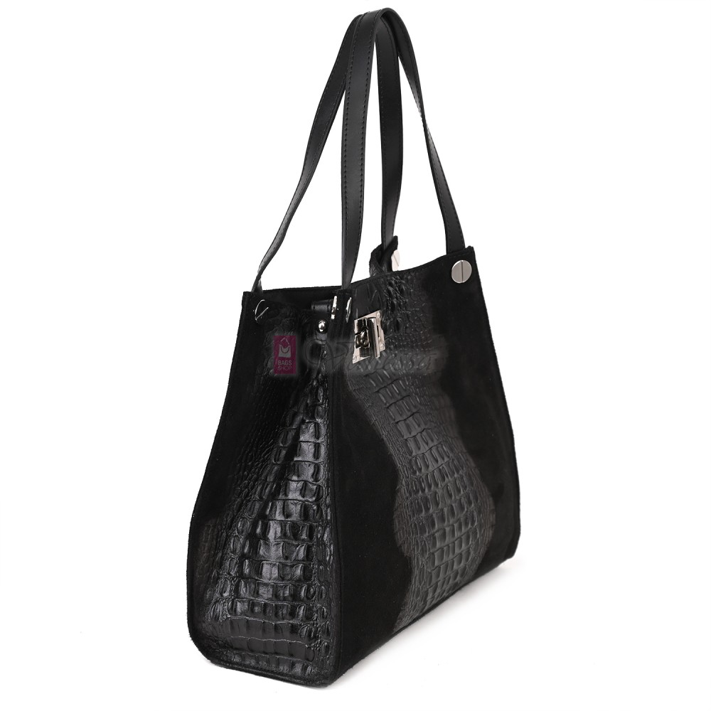 Голяма дамска чанта от естествена кожа и велур, в черен цвят. Код: EK62