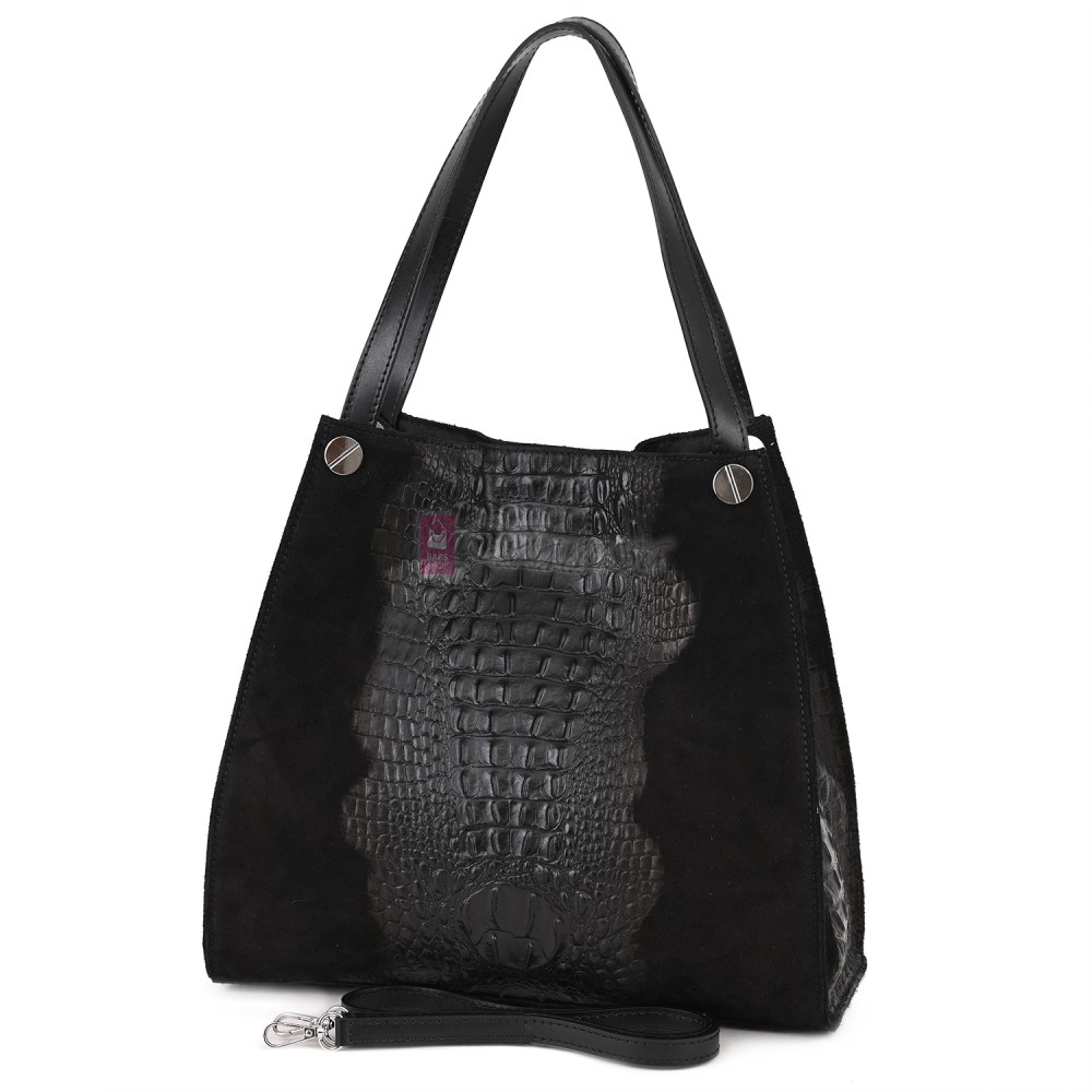 Голяма дамска чанта от естествена кожа и велур, в черен цвят. Код: EK62