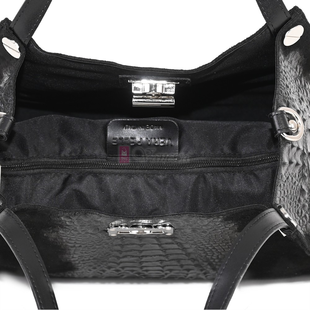 Голяма дамска чанта от естествена кожа и велур, в черен цвят. Код: EK62