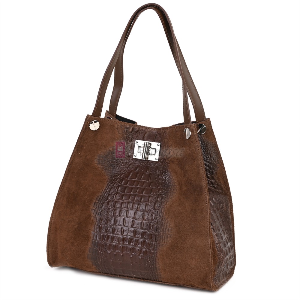 Голяма дамска чанта от естествена кожа и велур, в кафяв цвят. Код: EK62