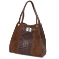 Голяма дамска чанта от естествена кожа и велур, в кафяв цвят. Код: EK62