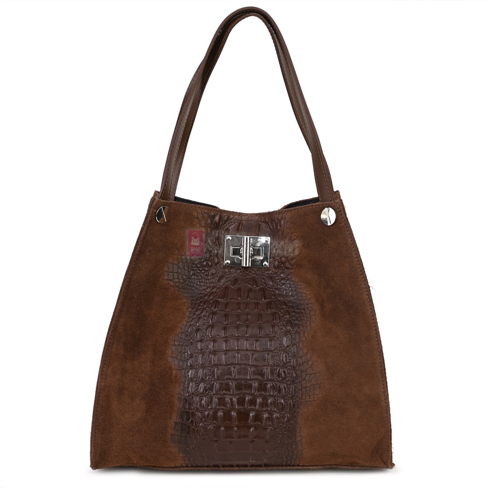 Голяма дамска чанта от естествена кожа и велур, в кафяв цвят. Код: EK62