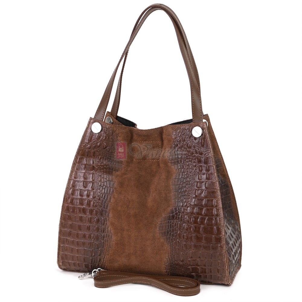 Голяма дамска чанта от естествена кожа и велур, в кафяв цвят. Код: EK62