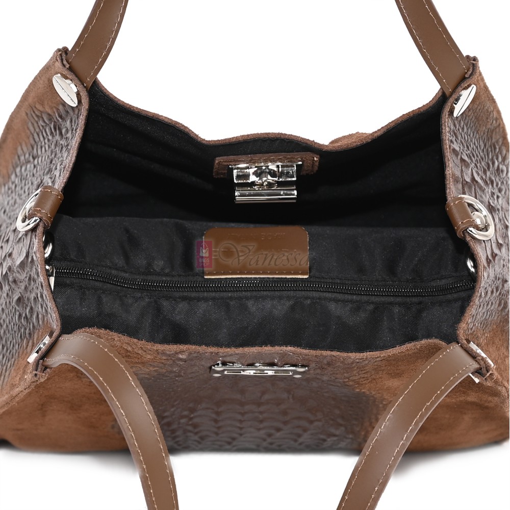 Голяма дамска чанта от естествена кожа и велур, в кафяв цвят. Код: EK62